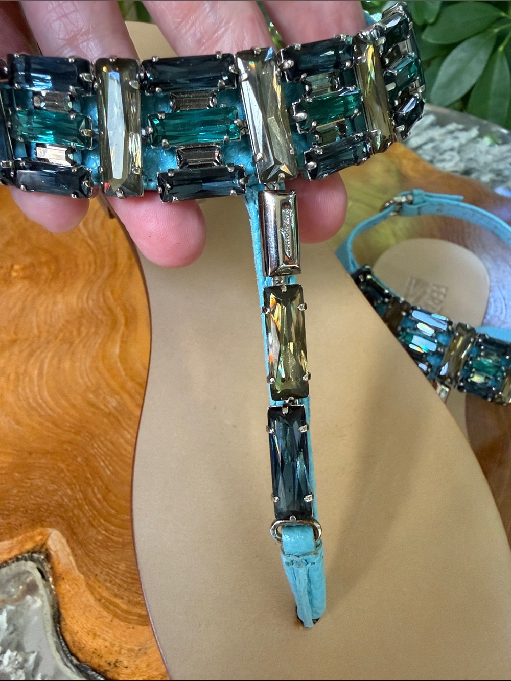 Salvatore Ferragamo Turquoise Jeweled T‑Strap Leather Sandals